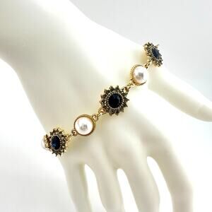Faux Pearls Rhinestones Blue Gray Flowers Gold Tone Tennis 6.5 to 8.25" Bracelet